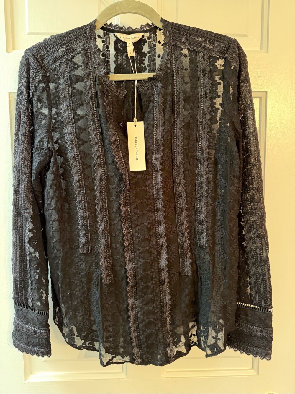 NWT Rebecca Taylor Silk Embroidered Lace Blouse Size 6 Black Sheer Button Front